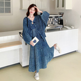 韩系慵懒chic穿搭蓝色上衣套装女初春秋超火好看高级感长裙三件套，女装套装/套裙，郎佰婉