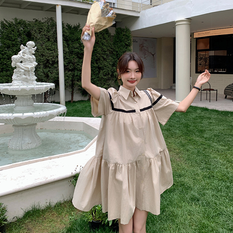 法式复古泡泡袖连衣裙女2025夏季新款高级感气质宽松小个子衬衫裙,女装连衣裙,郎佰婉