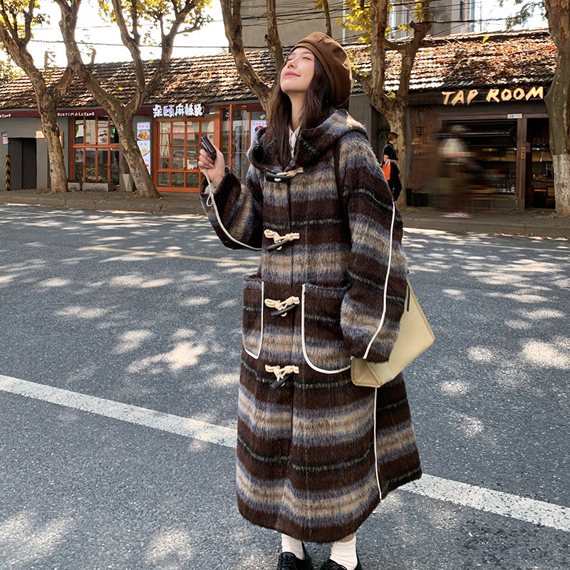 格子毛呢大衣女长款2024冬连帽加厚高端韩系超好看呢子牛角扣外套，商品下架区商品下架区，郎佰婉
