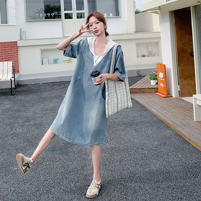 已出大货2025夏季新款蕾丝拼接连帽牛仔裙浙宝300/5233/P135控208，女装连衣裙，郎佰婉