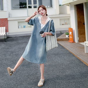 牛仔蓝甜美学院风蕾丝拼接连帽连衣裙女2025夏季新款少女感牛仔裙图片