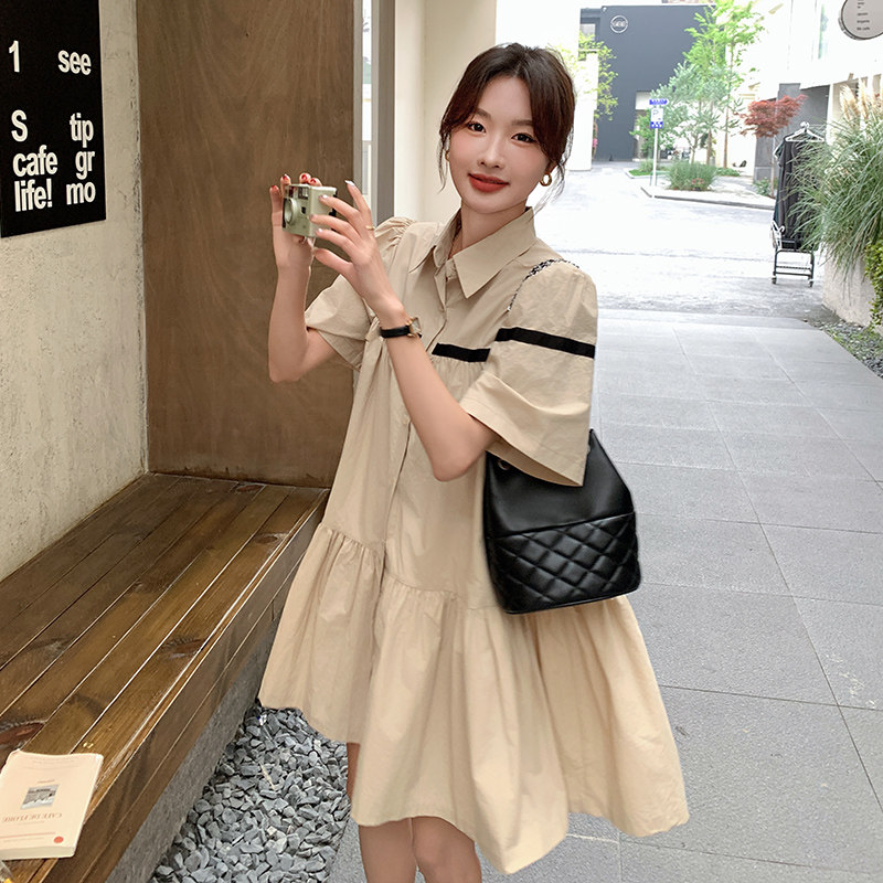 法式复古泡泡袖连衣裙女2025夏季新款高级感气质宽松小个子衬衫裙图片