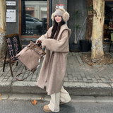 韩系慵懒风连帽圈圈呢大衣女2025年冬季新款显瘦保暖长款加厚棉衣，女装毛呢外套，郎佰婉