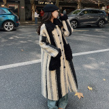 现货2025冬季新款时尚撞色拼接条纹大衣浙宝300/8832/P195控288，女装毛呢外套，郎佰婉