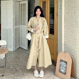 韩系复古气质风衣式连衣裙女2025春秋季新款收腰显瘦长袖a字长裙，女装连衣裙，郎佰婉