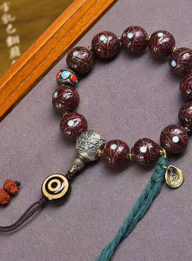 天然玉化老料凤眼菩提镶嵌手串单圈藏式文玩佛珠流苏玛瑙天珠配饰