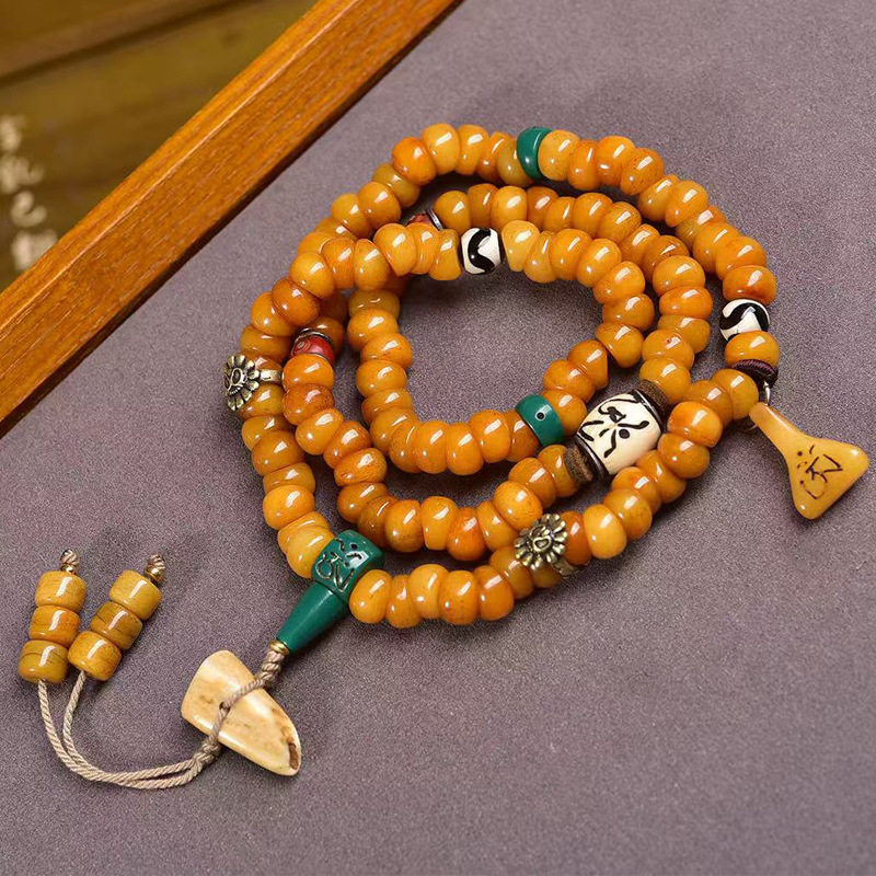 藏传回流牦牛骨108颗佛珠念珠大肠珠脖挂藏式玛瑙天珠料器配饰