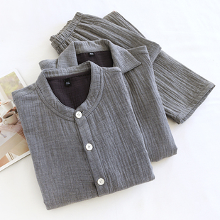 出口日本男士纯棉四层纱布睡衣春秋季无印长袖长裤休闲家居服外穿