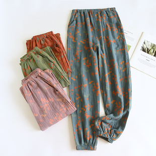 民族风水洗纯棉双层棉纱布收口 印花单件长睡裤 女新款 春秋夏季 薄款