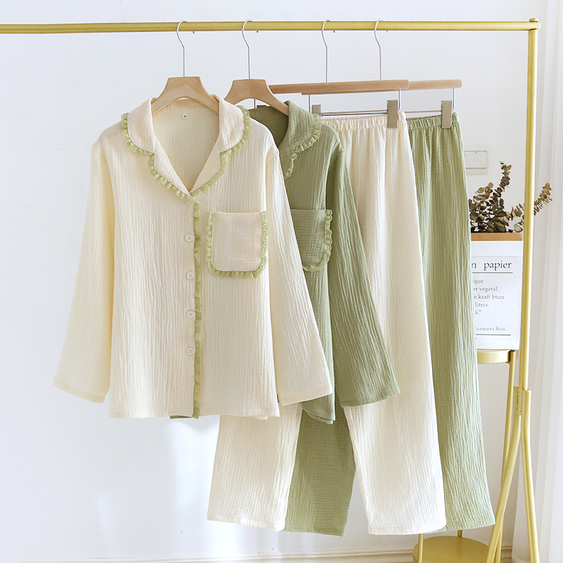 女春纯棉纱布木耳领薄款睡衣套装