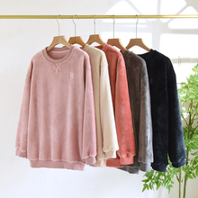 秋冬睡衣情侣法兰绒套头单件上衣男士女加绒珊瑚绒圆领纯色家居服