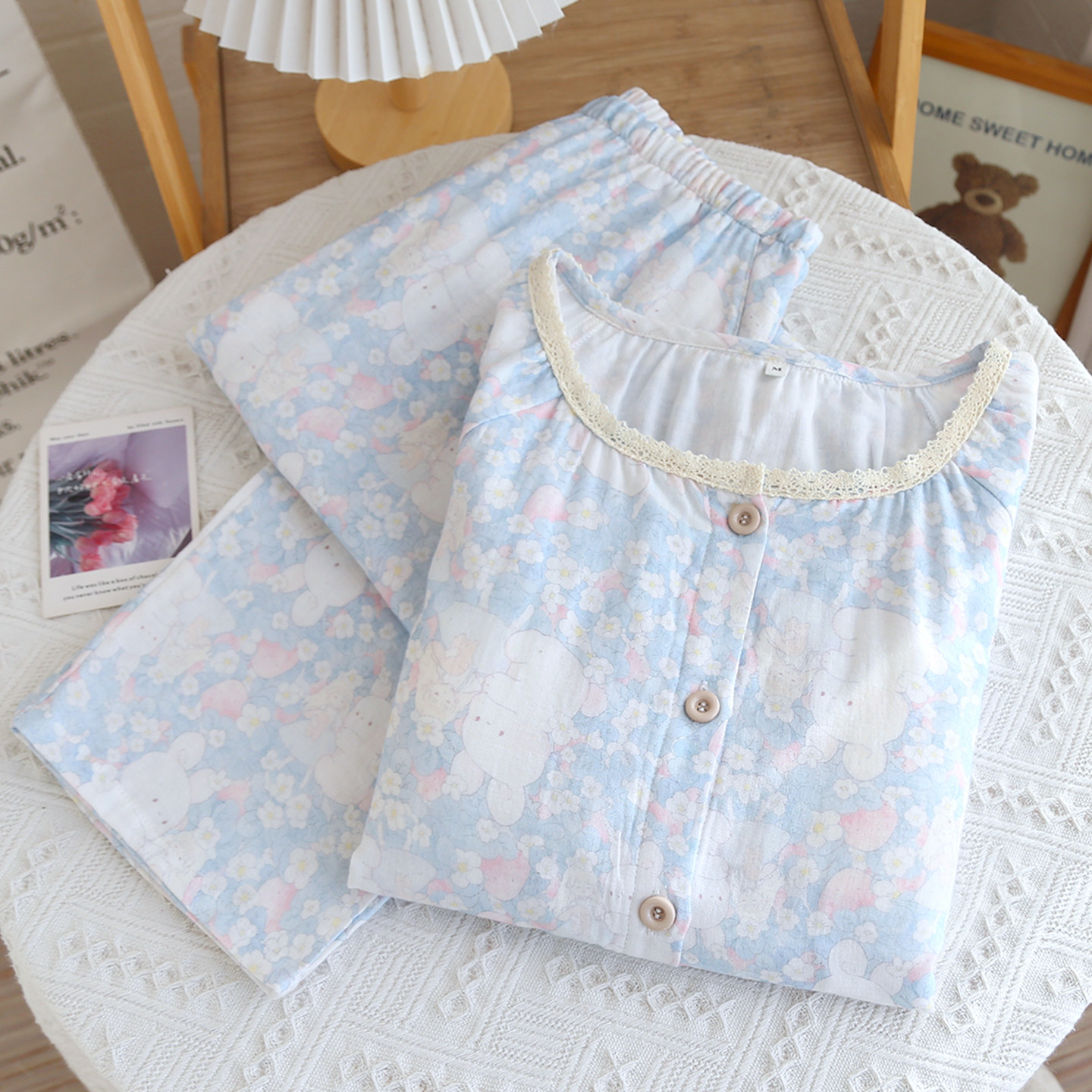 2026春新款纯棉纱布胸垫睡衣女夏秋长袖圆领草莓公主家居服免文胸