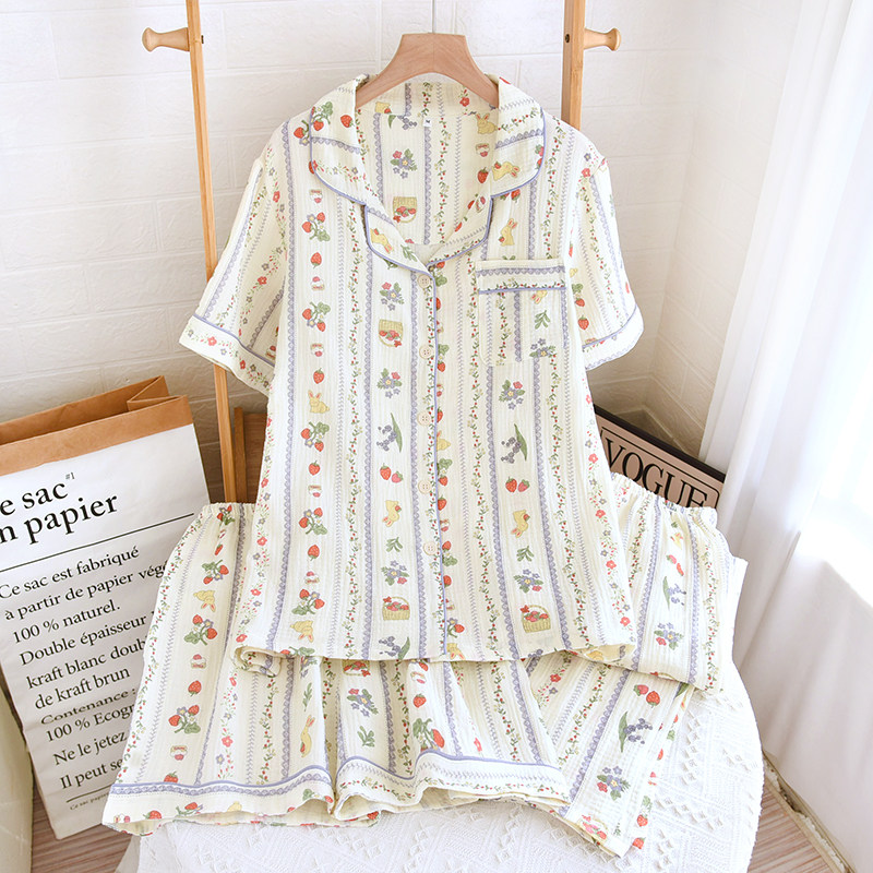 日系清爽双层棉纱布三件套睡衣纯棉女款夏短袖长裤短裤居家服翻领