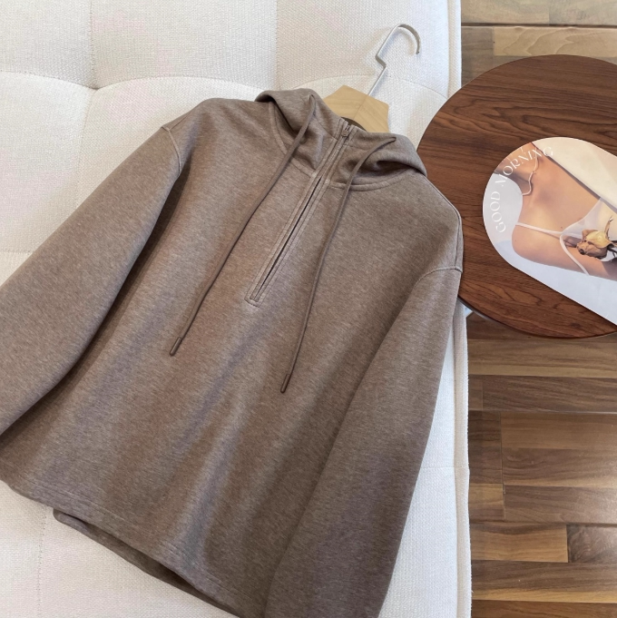 高端品质双色纱线空气感保暖亲肤半拉链连帽设计抽绳慵懒休闲卫衣