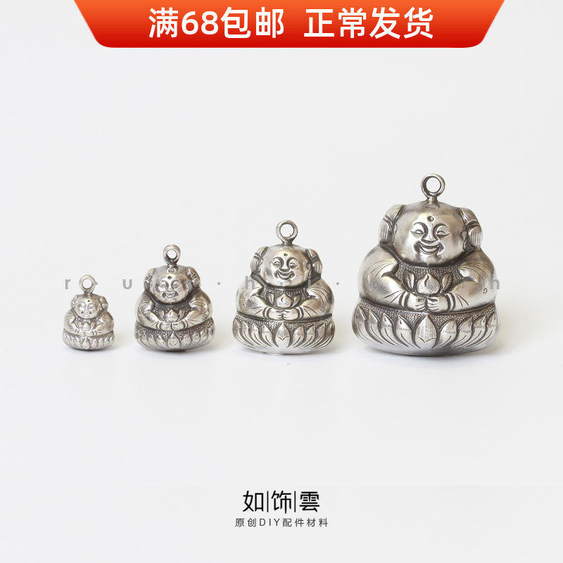 如饰雲 莲花童子双面铃铛吊坠 纯银做旧银铃挂件包挂diy吊饰 bf
