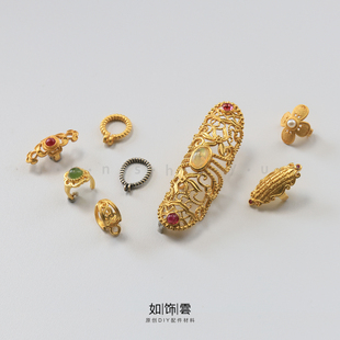 如饰 玉镯藤镯戒指修复花片 925银镀金嵌碧玉镶嵌花钿diy银贴片HF