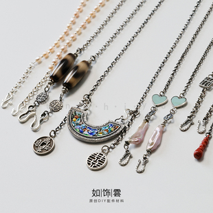 如饰 多功能银项链 925银复古设计款锁链毛衣链锁勾双勾diy项链DU