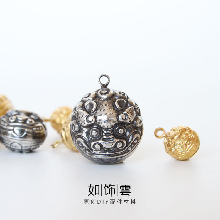 如饰 狮子纳福铃铛挂坠 925银做旧复古项坠包挂车挂可响diy吊饰AI