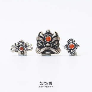 如饰 醒狮莲花挂钩 S925银嵌南红压襟勾怀表勾手链勾diy银配饰 HH