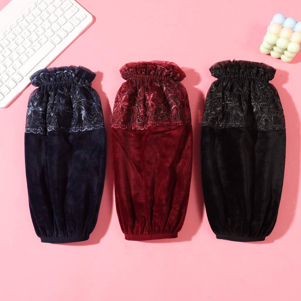 袖套女长款秋冬季蕾丝绒布防脏套袖成人上班工作干活家务羽绒服袖