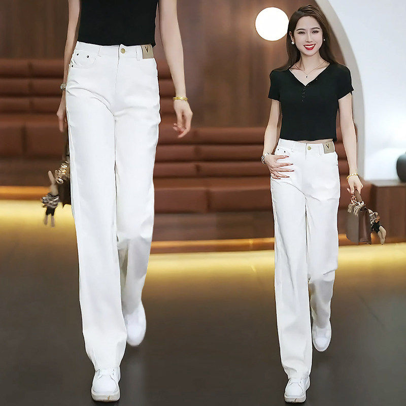 窄版阔腿牛仔裤女2026年春夏季新款垂感直筒裤小个子休闲白色裤子