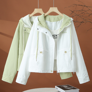 白色连帽外套女春秋薄款2025年新款夹克外衣春季宽松休闲短款上衣