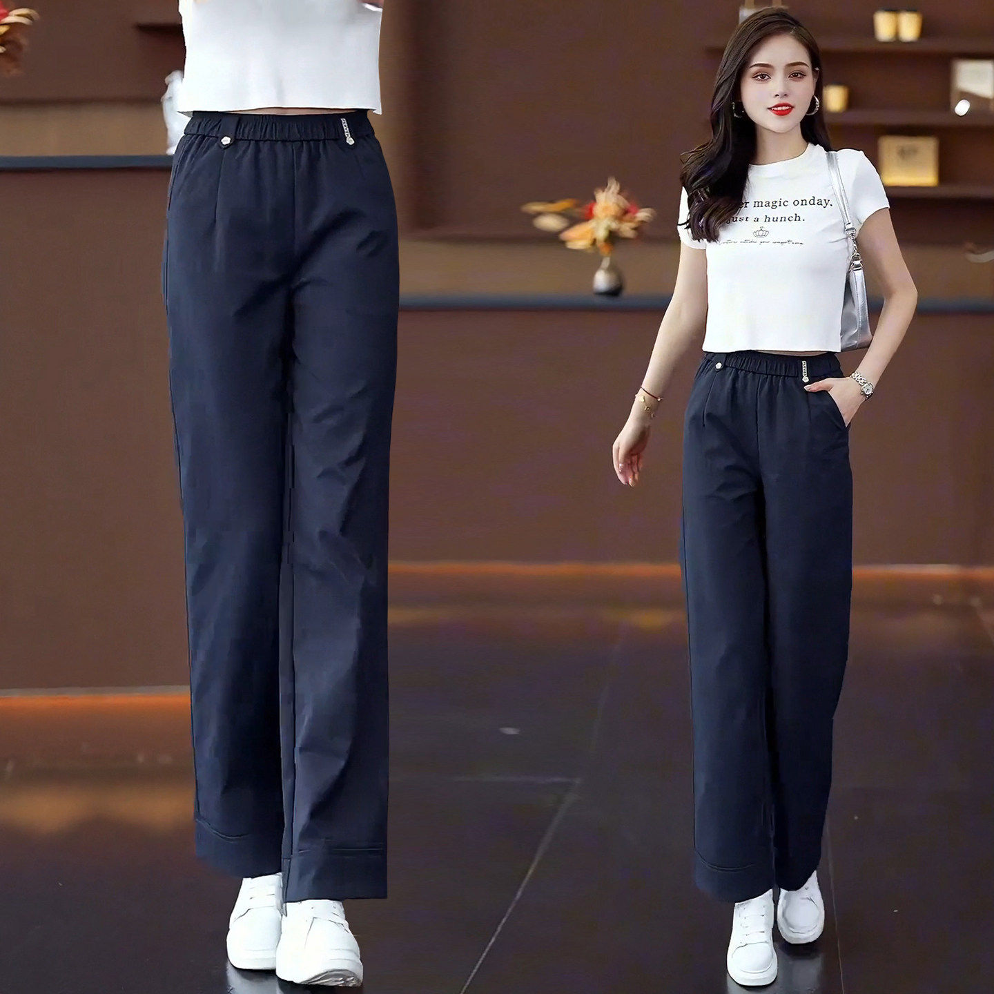 藏青色窄版直筒休闲裤女2026春秋季新款今年流行爆款松紧阔腿裤子