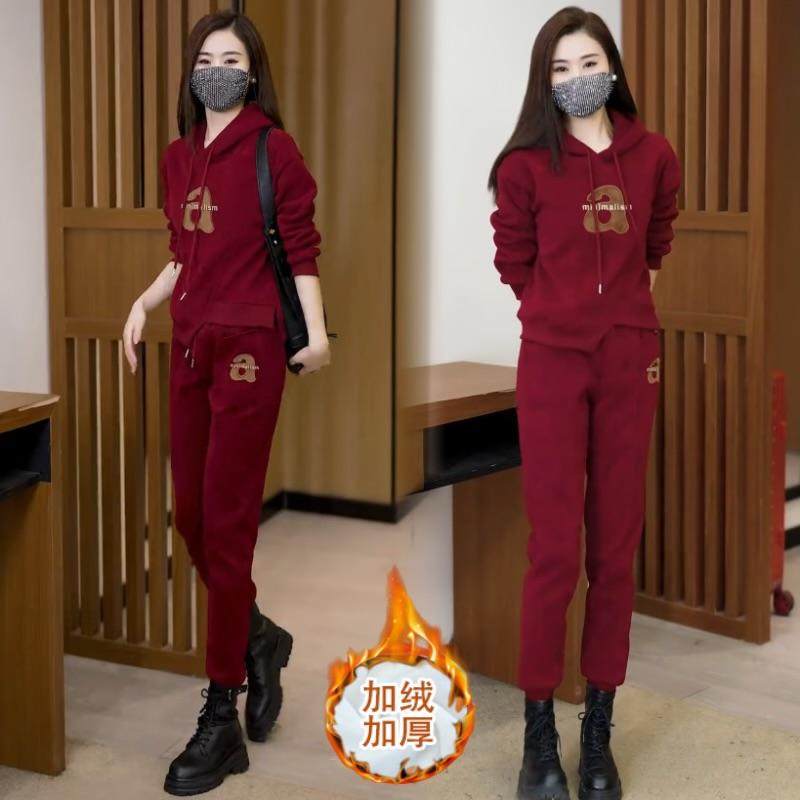 时尚加绒休闲运动套装女春秋装新款宽松连帽上衣时髦小个子两件套