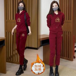 时尚加绒休闲运动套装女春秋装新款宽松连帽上衣时髦小个子两件套