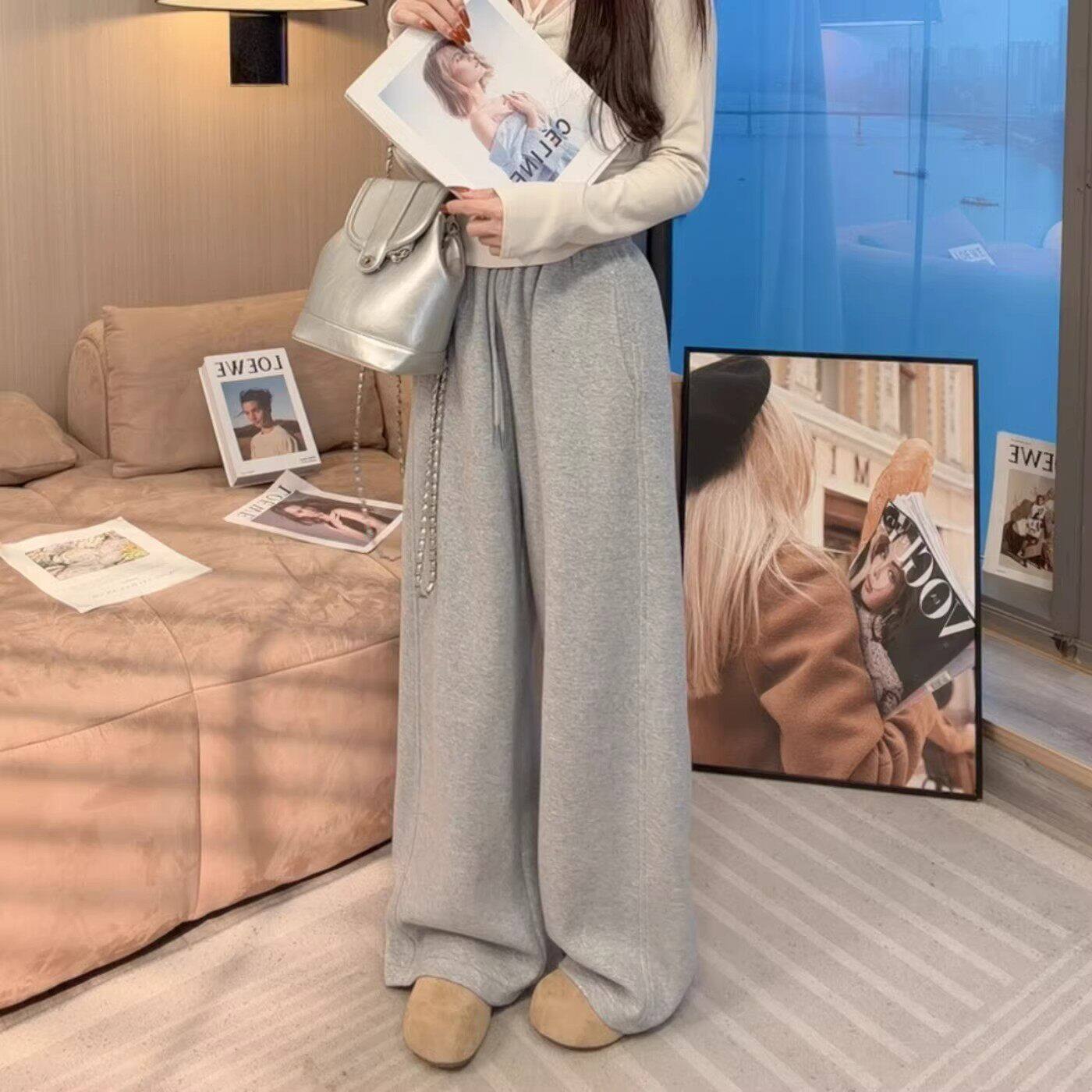 春季垂感宽松细闪阔腿裤女士2026新款抽绳高腰慵懒风显瘦休闲裤子