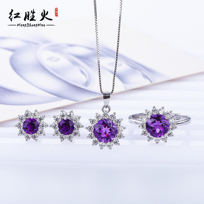 부를 모으는 클래식 라운드 다이애나 왕세자비 스타일 천연 자수정  도금 18 플래티늄 귀걸이 반지 펜던트 세트 프리 체인