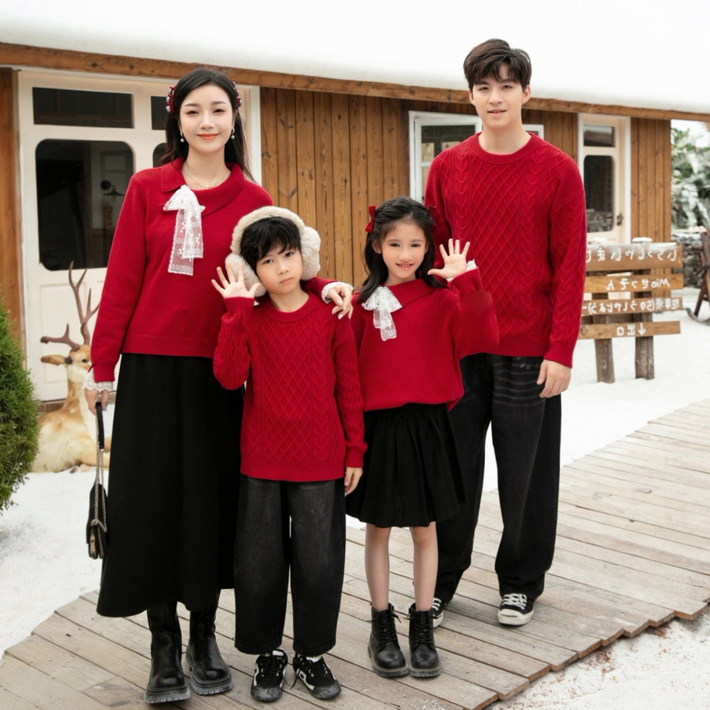 红色毛衣全家福亲子装