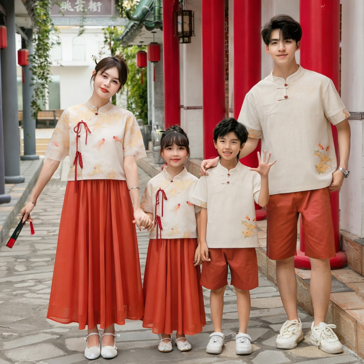 国风亲子装2026一家三口套装夏装母女裙唐装汉服儿童幼儿园表演服