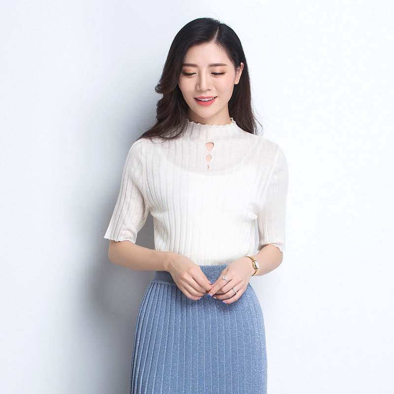 尾货清仓套头针织衫打底衫女秋季纯色中袖镂空立领木耳边女装上衣