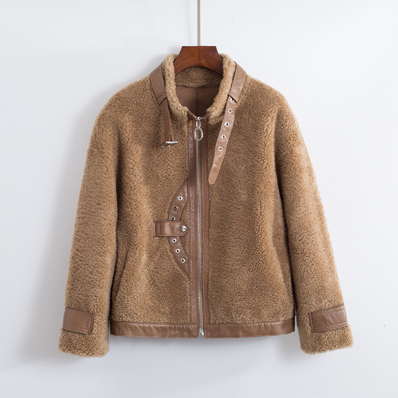 皮毛一体外套女 颗粒羊绒机车服大衣女 羊剪绒立领2025冬季短上衣