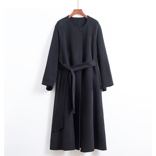双面绒纯色圆领腰带黑色毛呢大衣女 无领新款呢子冬长款羊毛外套