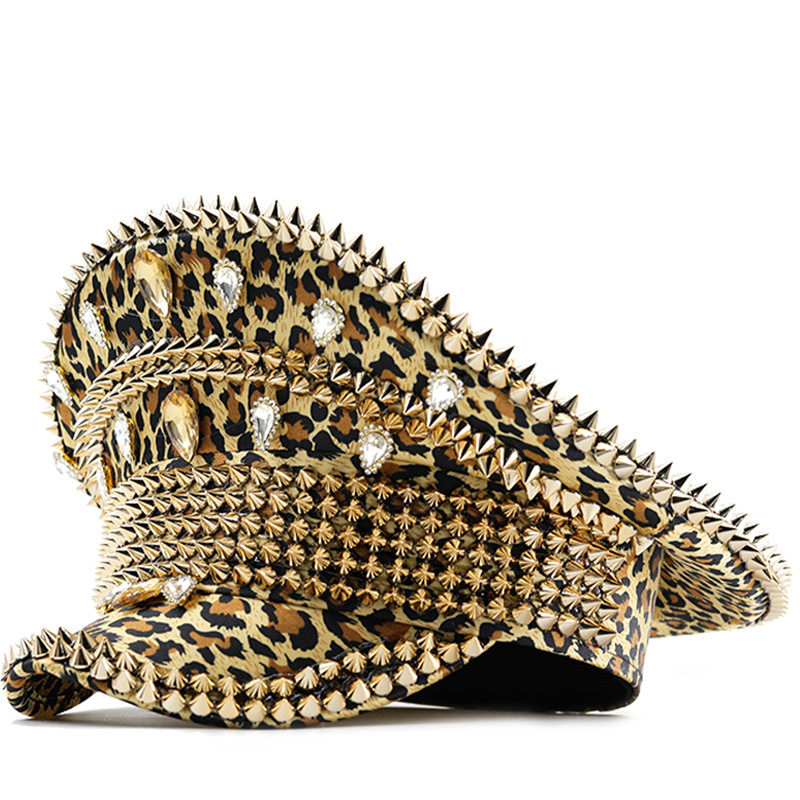 帽子欧美大圆帽豹纹铆钉cosplay帽子化装舞会朋克嘻哈 舞台演出帽