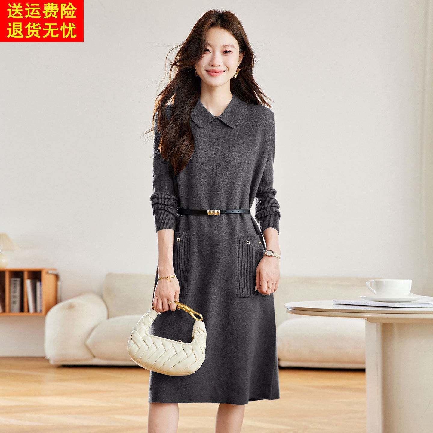 2025秋冬新款针织两件套连衣裙女灰色收腰马甲裙轻奢高级感气质