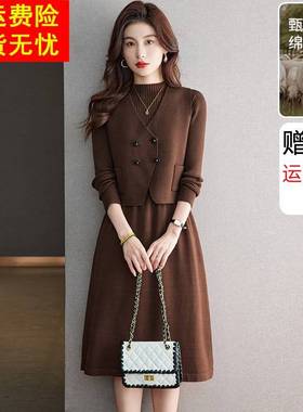 羊毛针织洋装套装秋冬新款洋派休闲 外穿小个子马甲毛衣裙两件套