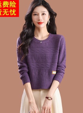 羊毛衫紫色圆领毛衣女春秋2024新款高腰配裙子针织打底衫内搭秋装