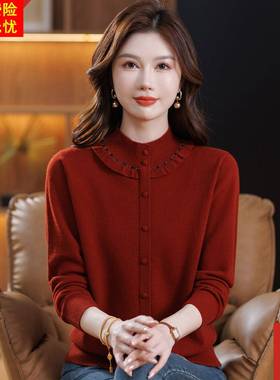 100%羊毛衫半高领套头红色毛衣秋冬中老年妈妈洋气打底衫女针织衫