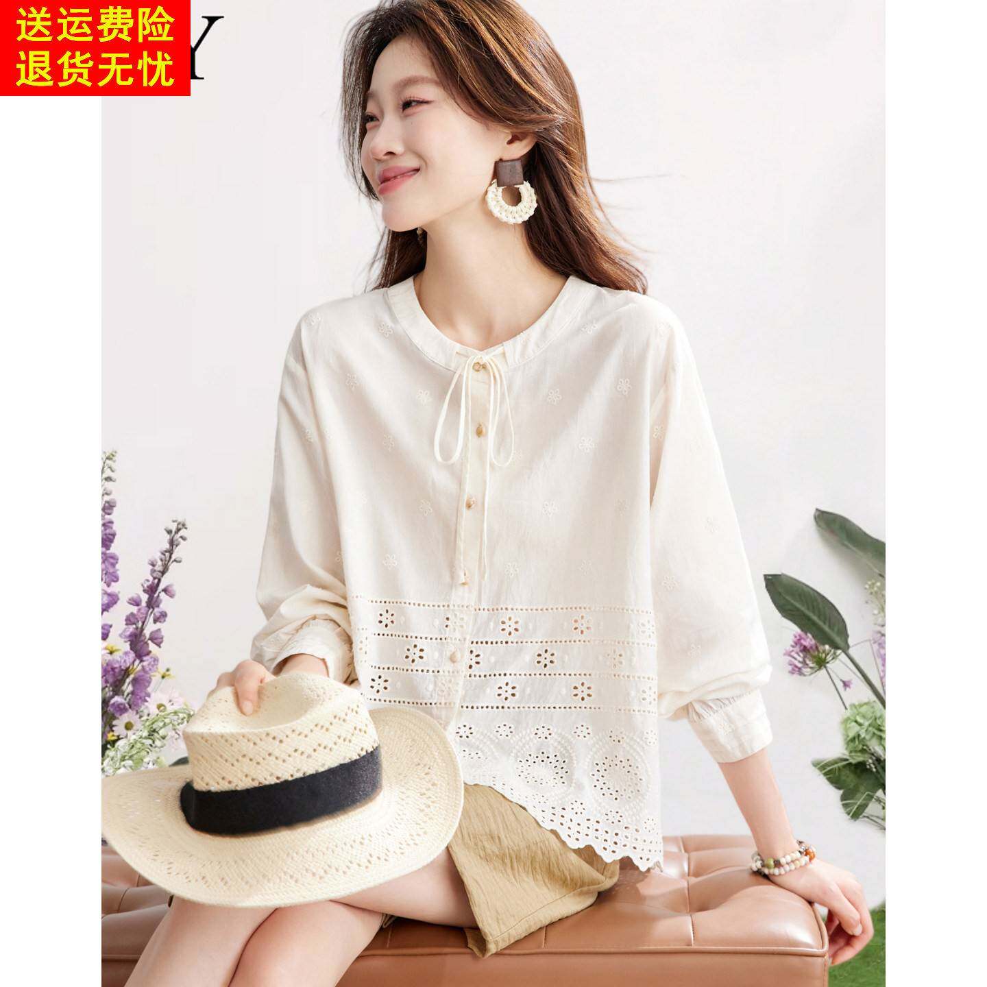 2026春装新款纯棉减龄镂空衬衫宽松系带休闲小衫遮肚洋气上衣女装