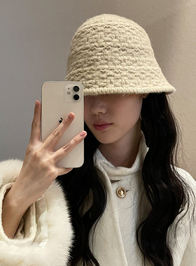 含羊毛~针织毛线渔夫帽女秋冬保暖简约蝴蝶结百搭开叉盆帽水桶帽