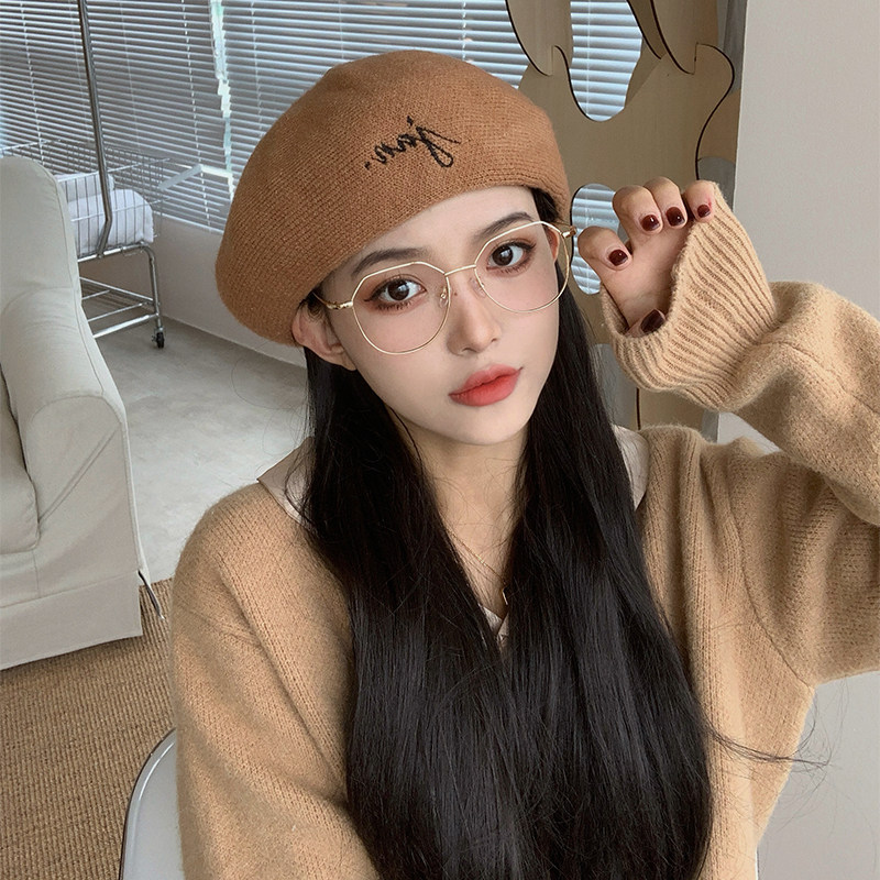 驼色针织贝雷帽女冬季韩版百搭日帽子