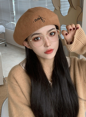 驼色针织贝雷帽女冬季韩版百搭日系文艺复古画家帽字母蓓蕾帽春秋