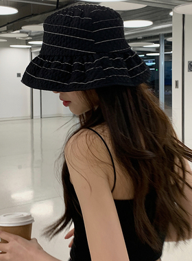 黑色泡泡纱渔夫帽女显脸小韩版百搭夏季遮阳帽遮脸防晒条纹盆帽潮