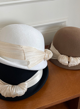 法式复古气质贝雷帽女秋冬真丝麻蝴蝶结优雅礼帽羊毛盆帽名媛毡帽