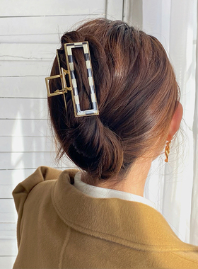 棋盘格抓夹大号鲨鱼夹韩国优雅气质高级金属发夹女后脑勺发卡头饰