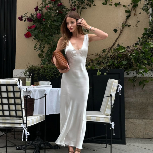 gusty法式 优雅纯欲辣妹蕾丝花边V领缎面长裙气质御姐绑带连衣裙女