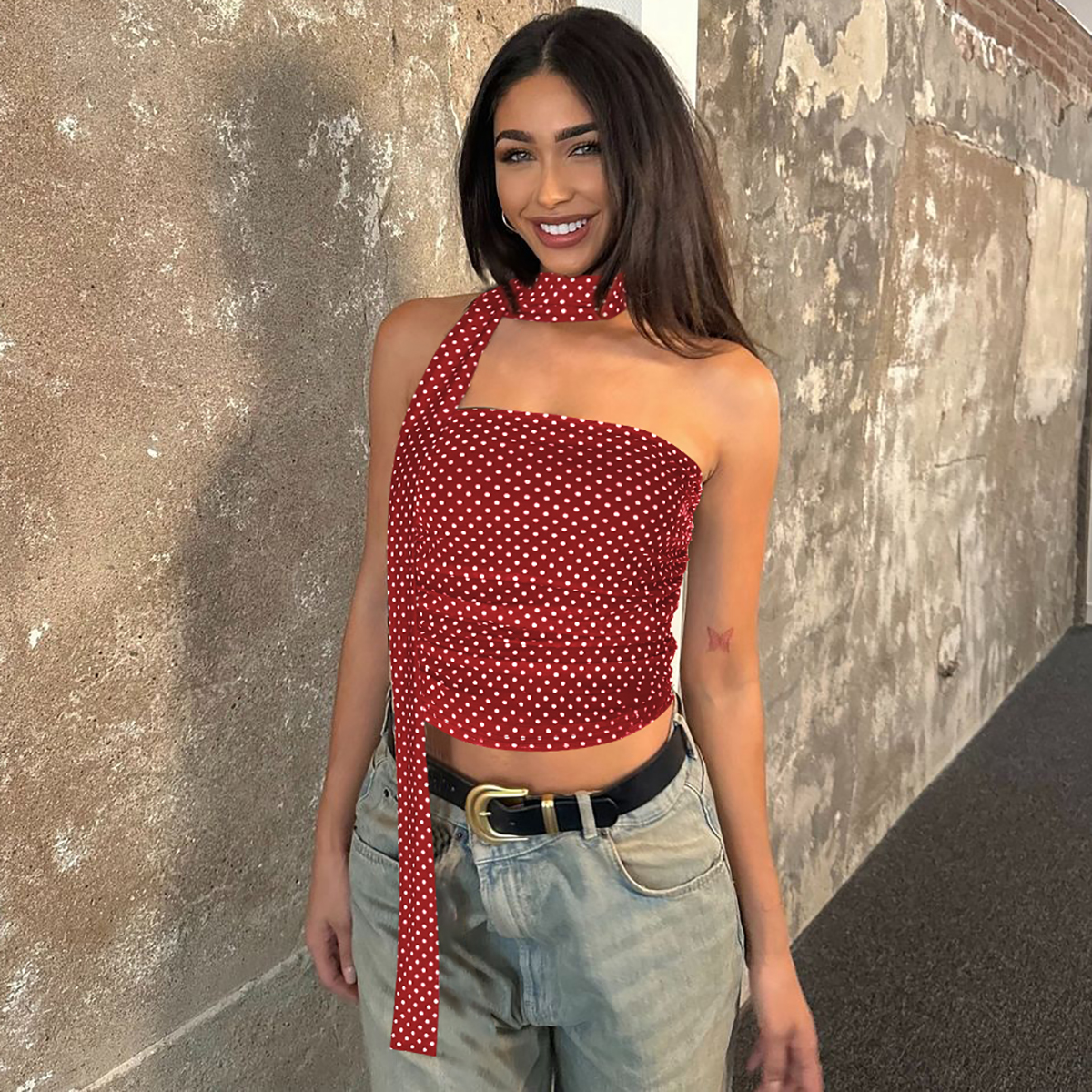 复古波点抹胸背心辣妹飘带上衣女